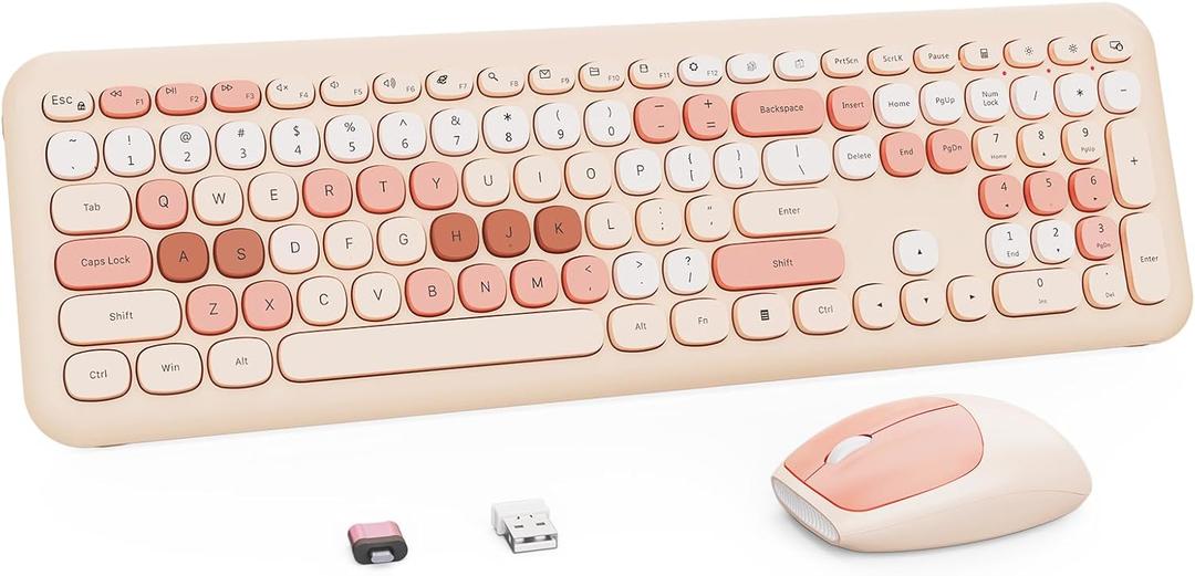 Wireless Keyboard and Mouse Combo, Retro Typewriter Keyboard with Round Keycaps, Full-Size Ergonomic, Brown, Ideal for Windows PC, Home, Office, and College, Wireless Keyboard Mouse Combo, Milk Tea