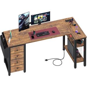 Lufeiya L Shaped Computer Desk with Drawers & Storage Shelves, 55 Inch Corner Desk with Power Outlet for Home Office Bedroom, L-Shaped Teen PC Gaming Desks with Fabric Drawer, Rustic Brown