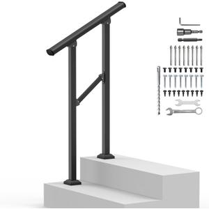 Outdoor Handrails for 1-2 Steps, Stair Railing Kit for Concrete & Porch Steps, Adjustable Black Iron Hand Rail for Seniors, Easy Installation, Retro Arch Design