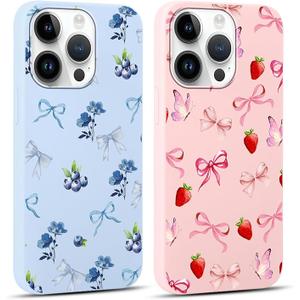 2 Pack Cute Bow Phone Cases for iPhone 13/iPhone 14 6,1'', Exquisite Aesthetic Ribbon Bowknot Pattern Case for Women Girls Soft Slim Protective Shockproof Anti-Fall TPU Bumper Cover - Bow Fruit