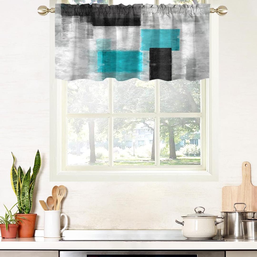 AAtter Teal Kitchen Valance Curtain for Window Black and White Modern Turquoise Aqua Grey Gray Small Short Home Living Room Bedroom Bathroom Rod Pocket Drape Fabric 1 Panel, 52" W x 18" L, Abstract