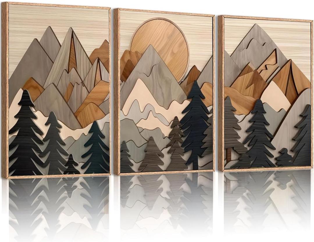 Set of 3 Mountain Wall Art Large Forest Wall Decor Woodcut Wooden Landscape canvas posters Nature Wilderness Art Prints Abstract Landscape Painting for Living Room Bedroom Office Unframed 12x16in