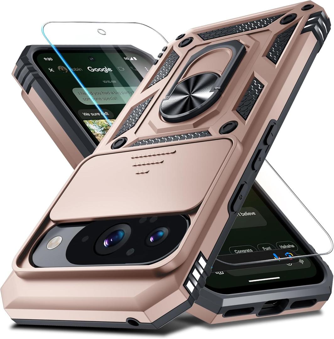 Janmitta Case Compatible with Google Pixel 10/10 Pro Built in Slide Camera Lens Cover+Screen Protector+Finger Ring Holder Kickstand,Heavy Duty Shockproof Full Body Protective Phone Cover,Rose Gold