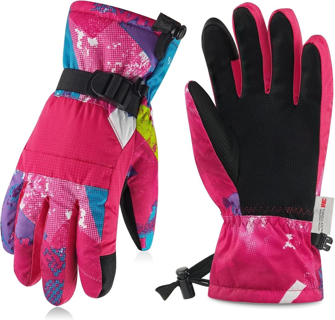 MIG4U Kids Ski Gloves Waterproof 3M Thinsulate Touchscreen Kids Winter Gloves, Warm Snow Gloves for Girls (S(8-10), Pink)