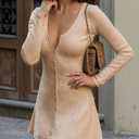Women Sexy Deep V Neck Button Front Knit Mini Dress Elegant Long Sleeve Ribbed Flowy Hem A-Line Short Dresses (M)