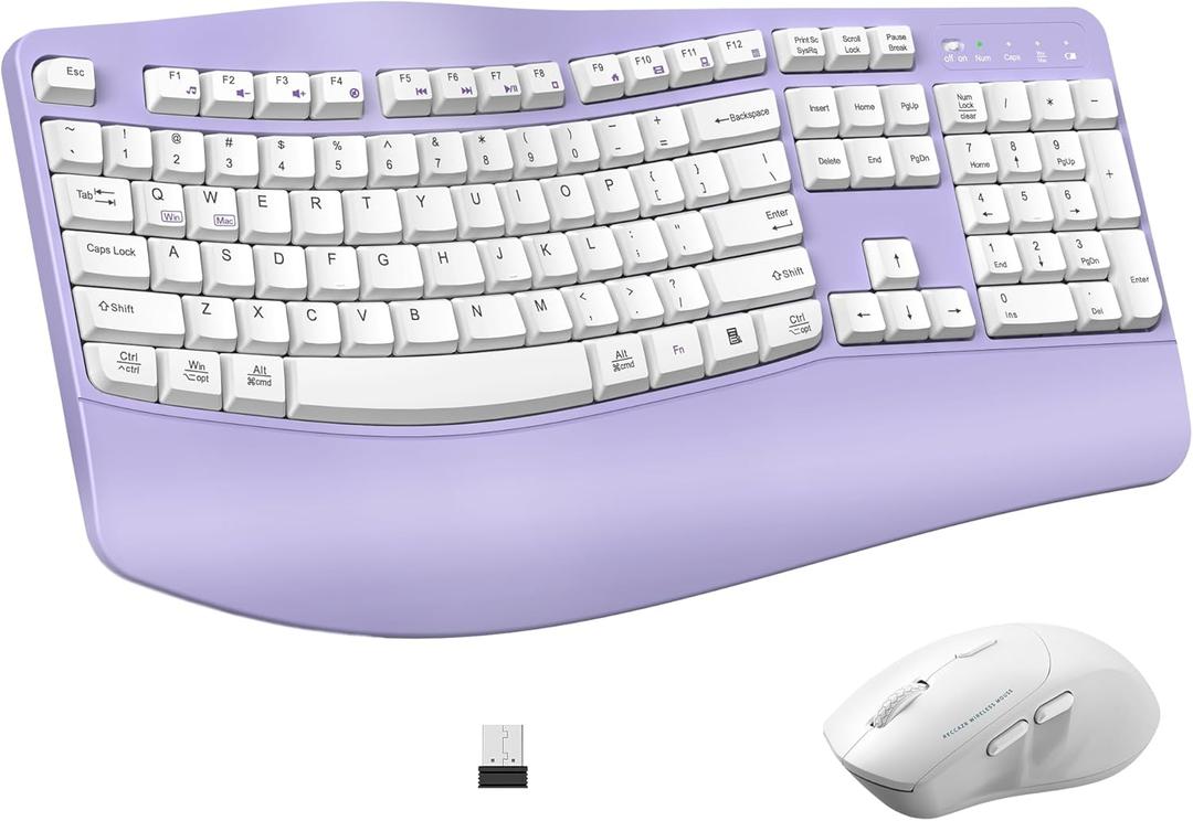 Ergonomic Wireless Keyboard and Mouse Combo, Wave Keys Keyboard with Wrist Rest for Natural Typing, 3 DPI Adjustable Ergonomic Silent Mouse for Computer/Laptop/Windows/Mac (Purple)