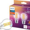 Set Of 2: PHILIPS LED 60W G16.5 2-Pack Ultra Definition Soft White (2700K) 500 Lumen (5W = 60W) Dimmable Clear Flicker-Free Light Bulbs; Philips Red A19 Medium 4W Indoor/Outdoor LED Decorative Party Light Red