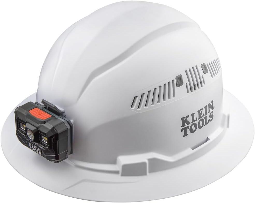 Klein Tools 60407RL Hard Hat, Rechargeable Headlamp, Vented, Full Brim Style, Padded Self-Wicking Odor-Resistant Sweatband, White