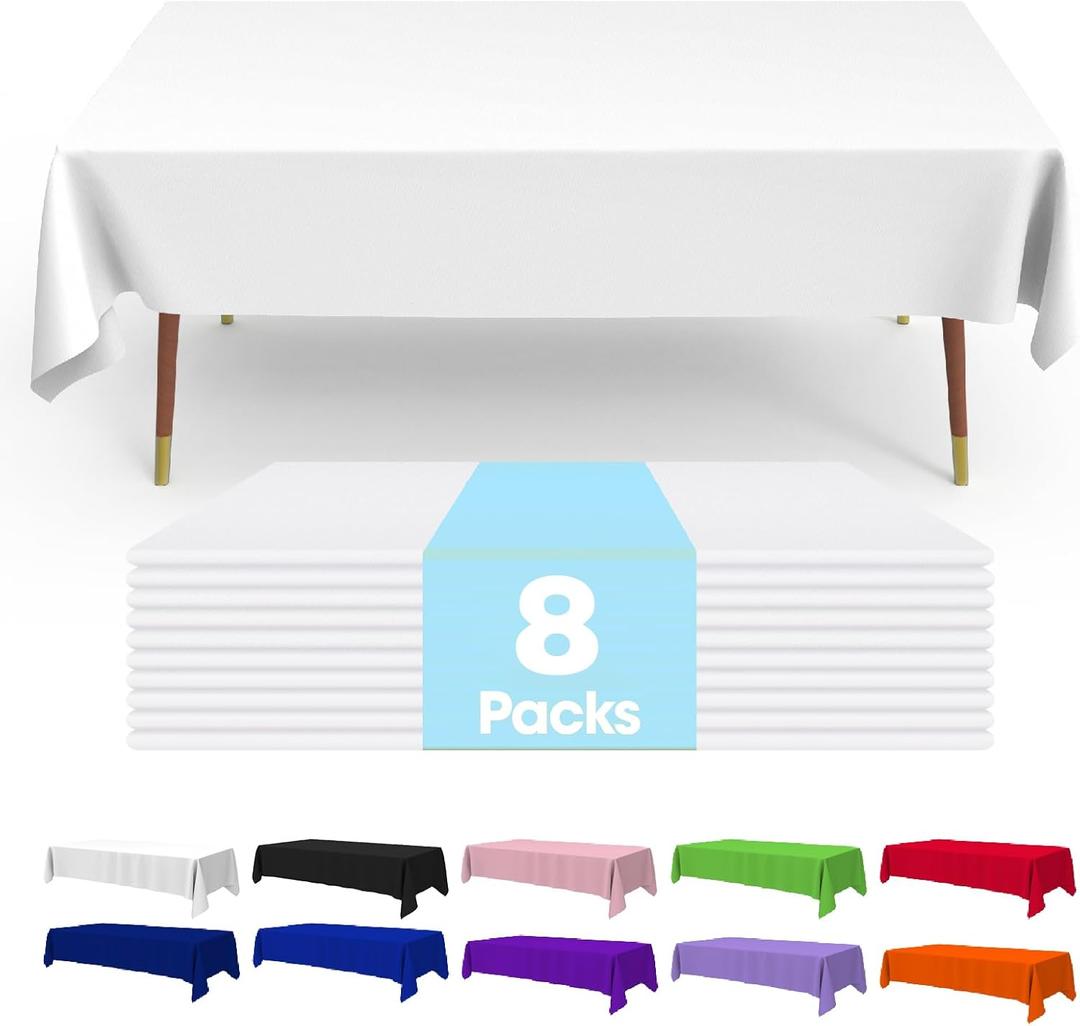 Premium Disposable Table Cloth - 8 Pack, 54''x108'' Plastic Tablecloth for Parties, Leakproof & Sturdy, White