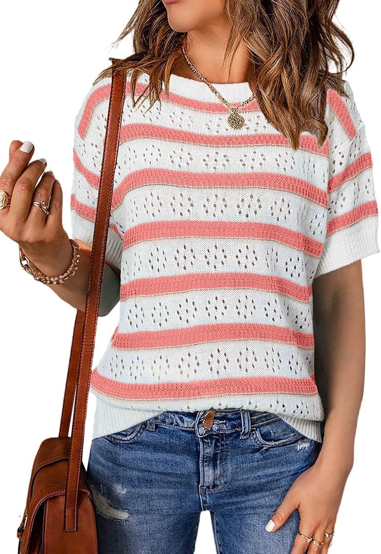 EVALESS Womens Short Sleeve Sweater Casual Crewneck Knit Shirt Tops Spring Trendy Striped Color Block Crochet Sweaters, Size: Large