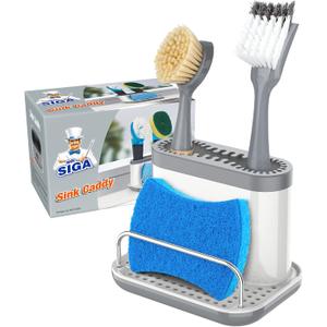 MR.SIGA Sink Caddy, Kitchen Sink Organizer Sponge Brush Holder with Drip Tray, White & Gray
