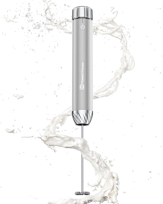 Maestri House Rechargeable Milk Frother with Stepless Speed Control, LunaFro Max Handheld Electric Foam Maker Waterproof Drink Mixer Foamer with Stand & Detachable Whisks for Lattes, Cappuccino 