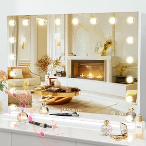 FENCHILIN Vanity Mirror with Lights 32''x23'' Tempered Glass Large Hollywood Mirror with 18 Dimmable Bulbs for Makeup Table/Hanging Bluetooth Speaker Mirror with Touch Screen & USB Charge Port