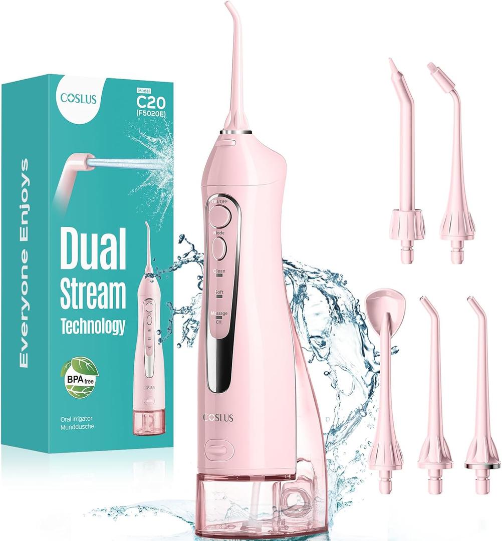 COSLUS Water Dental Flosser Teeth Pick C20: Portable Cordless Oral Irrigator 300ML Rechargeable Travel Irrigation Cleaner IPX7 Waterproof Electric Flossing Machine for Teeth Cleaning, Pink