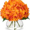 Hollyone Hydrangea Artificial Flowers in Vase Orange Silk Fake Flowers Arrangements with Glass Vase with Faux Water Faux Floral Bulk Bouquet for Office Table Centerpiece Shelf Home Decoration