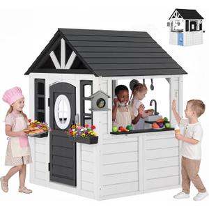 Firstness Wooden Outdoor Playhouse for Kids Ages 3-8, Black, 44 inches x 37 inches x 55 inches