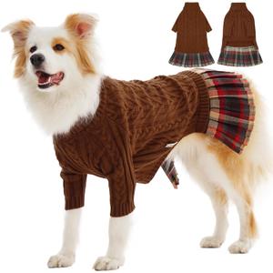 IECOii XL Dog Sweater Dress for Large Dogs Girl, Cable Knit Winter Dress for Female Dogs, Caramel, XLarge, Soft Girl Dog Sweater with Tartan Plaid Skirt Cute Turtleneck Knitwear for Cold Weather (X-Large(Chest:24.4 in/62 cm))