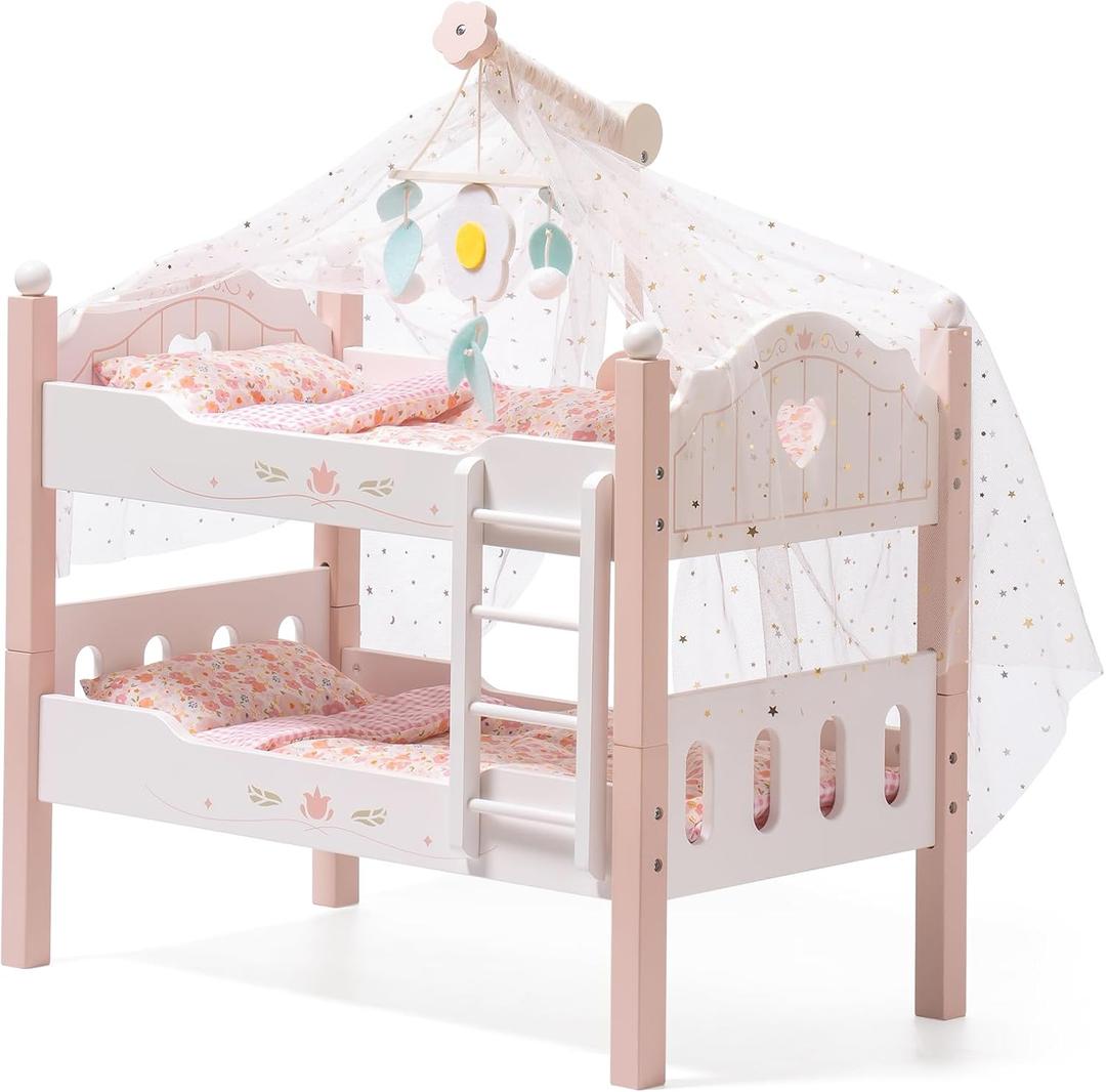 ROBOTIME Baby Doll Bunk Beds, Wooden Baby Doll Crib, Stackable Doll Bed Toy, High18 inch Dolls Furniture Fits American Girl 3+ (Pink, 2 Pcs Beds), 21.7 X 11.9 X 18.1 Inches