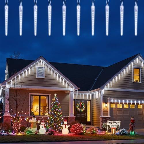 Brightown Christmas Icicle Lights Outdoor, 20ft Meteor Shower Lights with 20 Large Tube 480 LED Dropping Effect, Waterproof Icicle Indoor for Tree Patio Roof Holiday Decor, Cool White