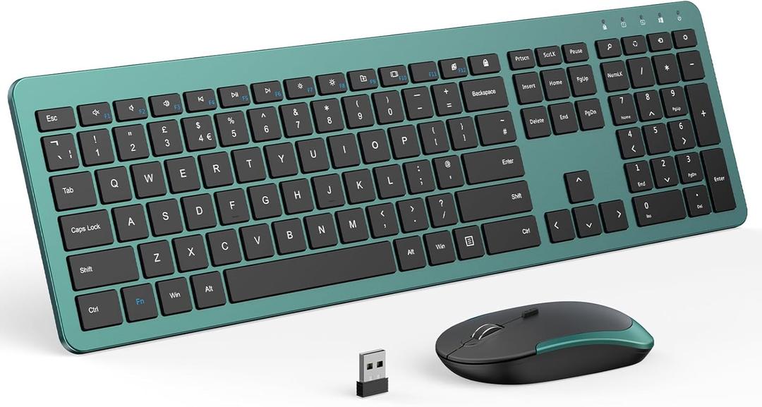 Wireless Keyboard and Mouse Combo, Full Size Slim Thin Cordless Keyboard Mouse with Numeric Keypad, Quiet Computer Keyboard Mice Set 2.4G Stable Connection Adjustable DPI (Green)