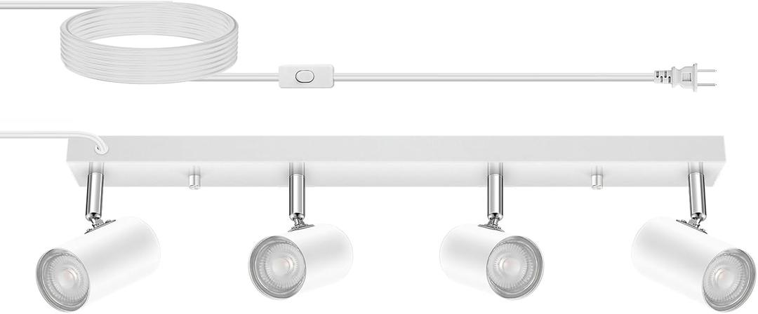 4 Light Track Lighting Kit,White 4 Way Modern Plug in Ceiling Spotlight,Industrial LED Wall Light for Kitchen Cabinet Gallery Bar Hallway Living Room,Rocker Switch,15 Foot Cord(No Bulb)
