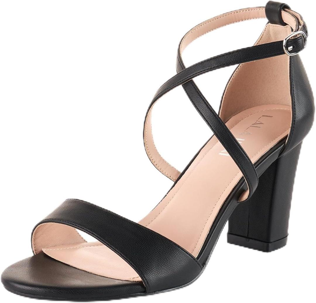 LALA IKAI Womens Ankle Strap Heels Chunky Block Rhinestone Sandals 3 Inch Open Toe Heels Party Wedding Prom Shoes (6, Black)