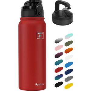 Fanhaw 20 Oz Insulated Stainless Steel Vacuum Water Bottle with 2 Lids (Pop-Open & Carabiner Lid) - For Kids, Women, Men | Leak & Sweat Proof (Red)