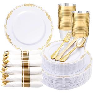 U-QE 175-Piece White Gold Plastic Dinnerware Set - 25 Dinner Plates, 25 Dessert Plates, 25 Rolled Napkins, 25 Cups (9 oz), Gold Cutlery - BPA-Free, Disposable, Ideal for Parties, Weddings, Holidays
