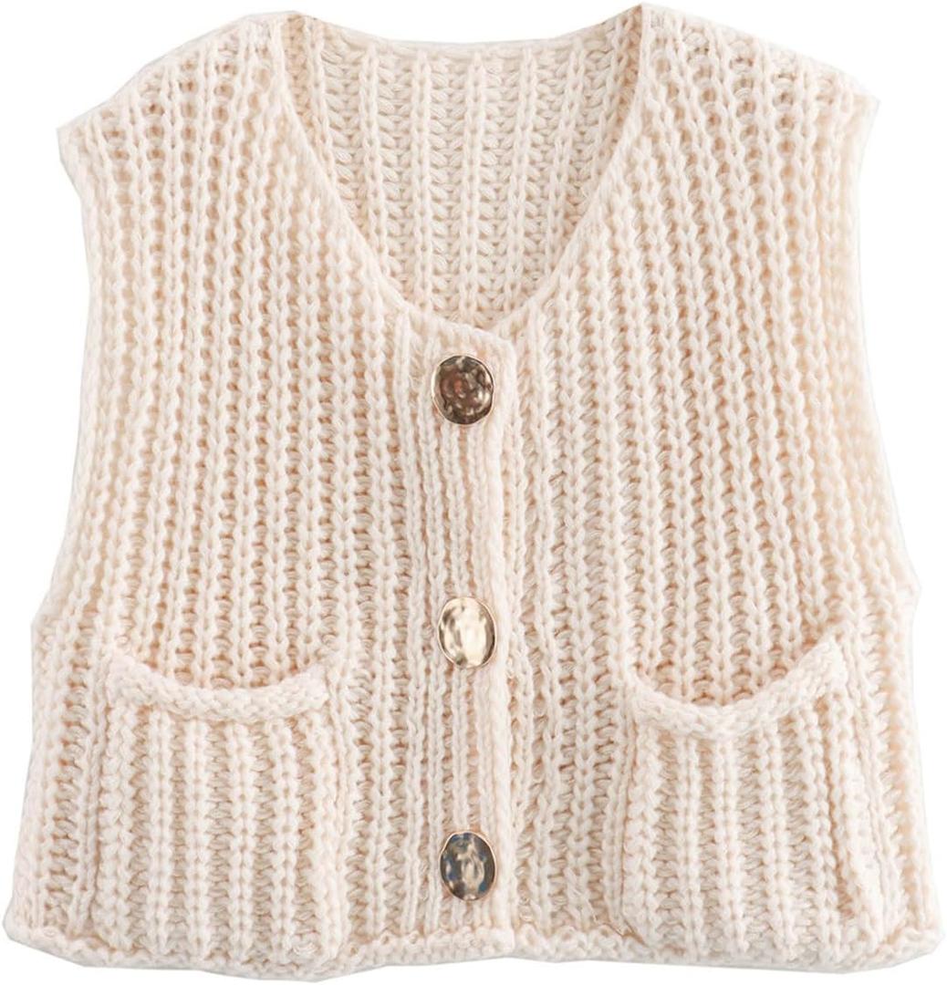 VNIRA Womens Fashion Casual Chunky Sweater Vest Sleeveless Button Down Knit Crop Top Open Front Cardigan with Pockets Beige M