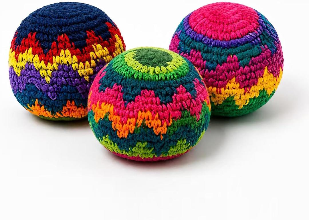 Hacky Kick Sack Balls 3-Pack Handmade Crochet Footbags Assorted Colors & Geometric Patterns for Adults, Teens & Beginners. Ideal for Juggling, Coordination, Outdoor Play, Party Games & Portable Toss