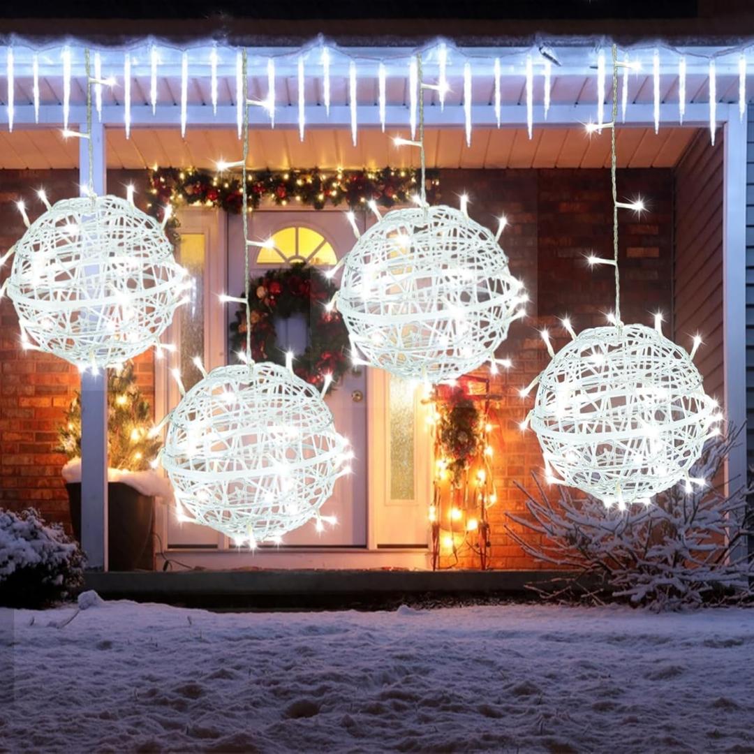 Outdoor Christmas Ball Lights 4 Pack Hanging 15.7" LED Garden Sphere Tree Lights 8 Modes Waterproof Glow Globe Light with Memory Timer Plug for Yard Porch Eave Patio Home Bedroom Decoration-Cool White