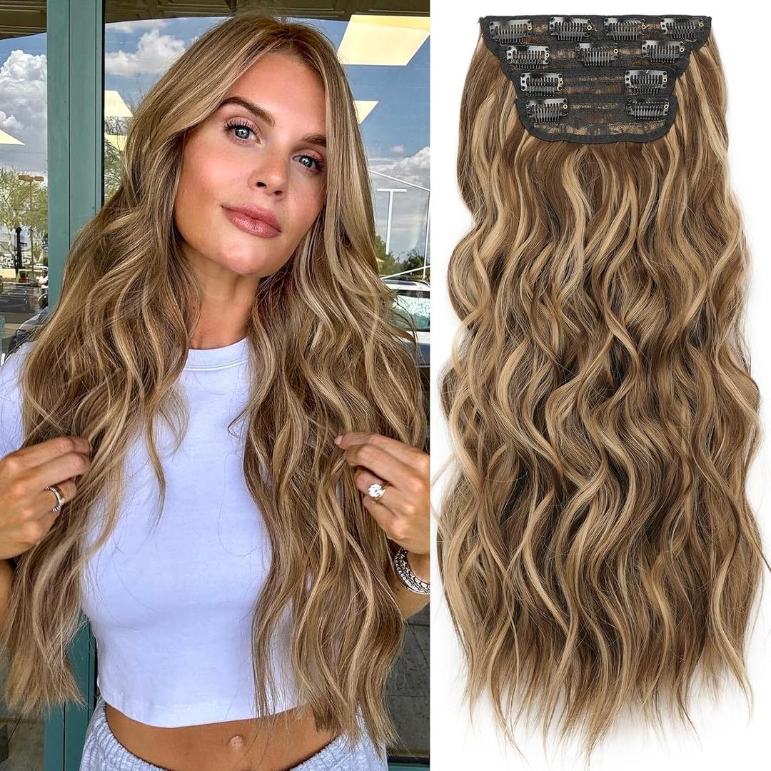 KooKaStyle Hair Extensions Medium Brown mix Caramel Blonde Clip in Synthetic Highlight Hair Extensions Long Wavy 4PCS Thick Hairpieces 20 Inch for Women