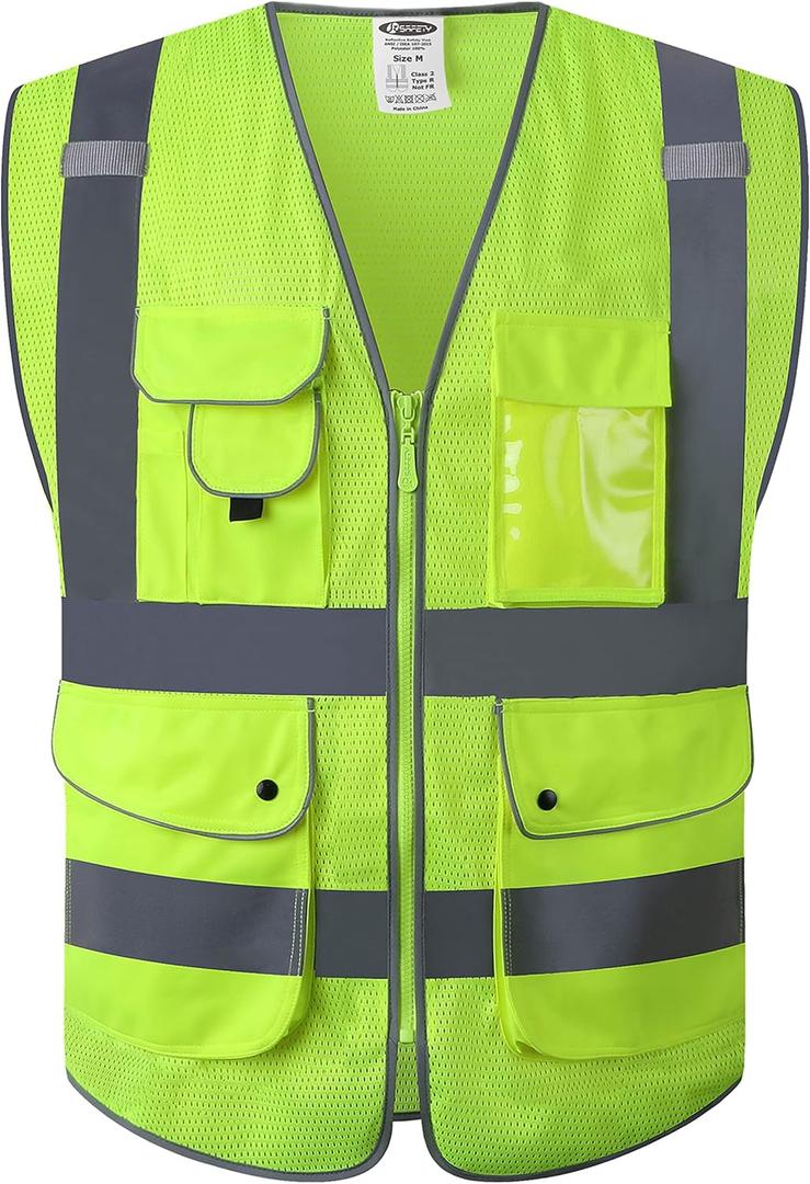 JKSafety 9 Pockets High Visibility Zipper Front MESH Blue Safety Vest | Blue with Dual Tone High Reflective Strips | ANSI/ISEA Standards (Yellow, L)