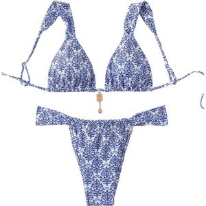 SHENHE Women's Two Piece Swimsuits Triangle V Neck Ruched Brazilian Bikini Set Boho Swimwear (Medium, Tribal Blue White)
