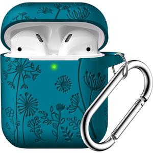 Lerobo Flower Engraved Case for AirPods Case Cover, Stylish Soft Silicone Protector with Keychain, Compatible with Apple AirPods 1st/2nd Generation Charging Case, Front LED Visible, Verdant Blue