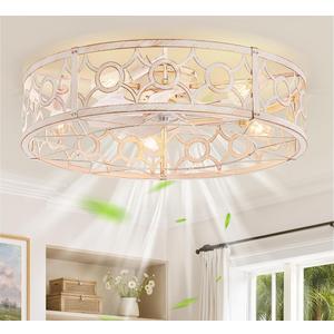 LEDIARY 30in White and Gold Caged Flush Mount Ceiling Fan