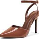 Elisabet Tang Women's Elegant 4 in Pumps Sexy Closed Toe Stilettos Stylish Pointed Toe Heels Adjustable Ankle Strap Daily Party Work Shoes (Brown Patent-pointed Toe, Size 9.5)