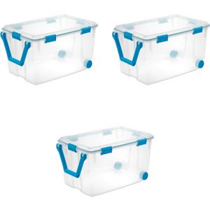 Sterilite 120 Qt Wheeled Gasket Box, Stackable Storage Bin with Latching Lid, Handle and Tight Seal, Plastic Container with Clear Base and Lid, 3-Pack