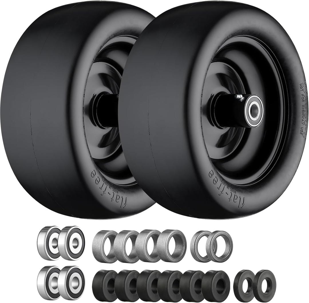 13x6.50-6 Lawn Mower Tires, 13x6.50-6 Flat Free Zero Turn Front Tires with 3/4", 5/8" and 1/2" Bearings, 5.6"- 8.7" Centered Hub, Compatible with Lawn Mower Garden Tractor Black- 2Pack