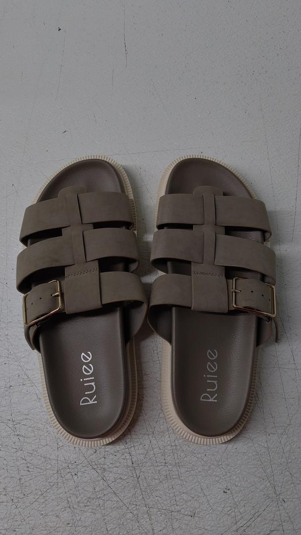 Ruiee Women's Flat Slides Sandals Wide Width Platform Sandals Comfort Summer Soft Plantar Slippers, Brown,  8.5 