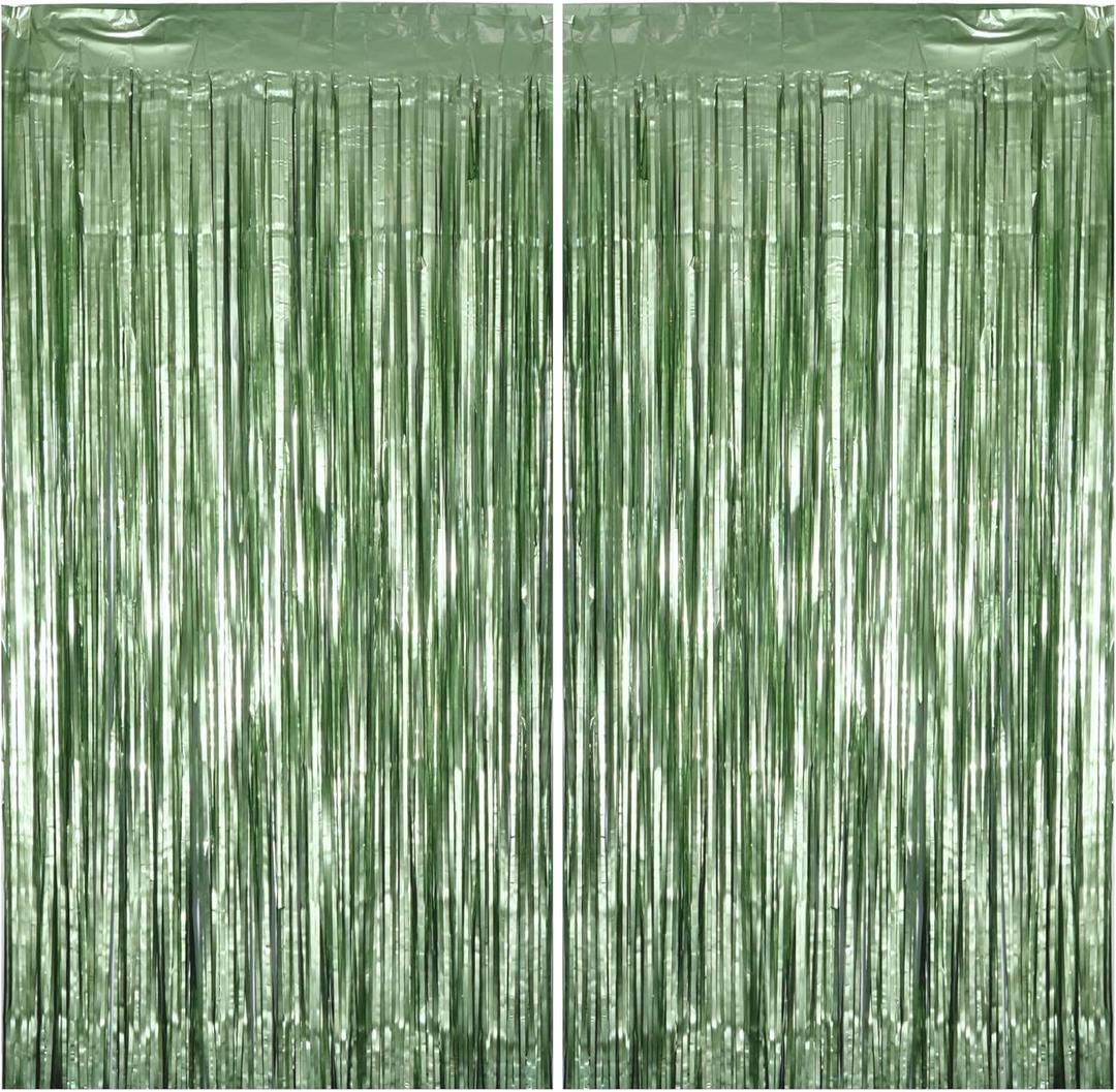 2 Pack Sage Green Party Decorations, Matte Foil Fringe Curtain Backdrop for Birthday, Bachelorette & Martini Party, Photo Background for Wall Doorway Table, 6.63.3 ft