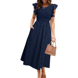 Simplee Womens Striped Midi Summer Dress Linen Smocked Flutter Short Sleeve Dress Flowy Casual Dress with Pockets (Small, Navy Blue)