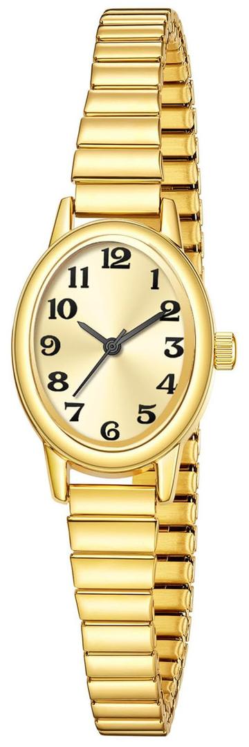 ADSBIAOYE Small Gold Watches for Women Vintage Oval Arabic Numerals Easy to Read Ladies Analog Watch with Stainless Steel Expansion Band Water Resistant