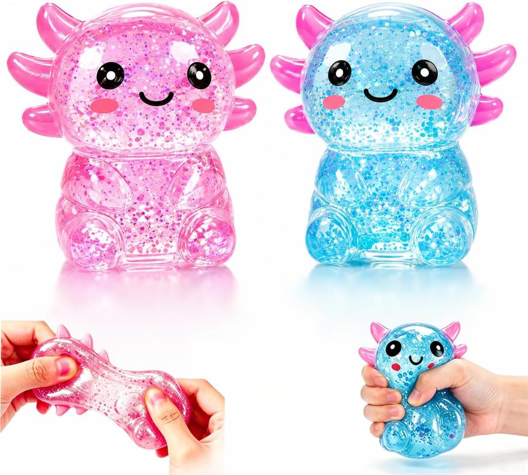2PCS Axolotl Squishy Glitter Stress Relief Toy, Stretchy Axolotls Stress Ball, Soft Squeeze Sensory Fidget Toys for Kids Adults, Cute Axolotls Squishies Party Favors Classroom Birthday Gifts