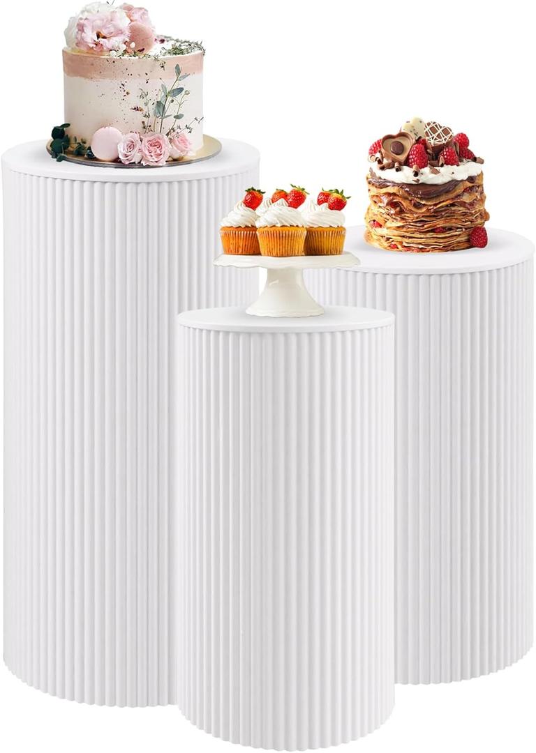 Metal Pleated Cylinder Pedestal Stands for Party, 3 Pieces Heavy Duty Round Cake Pedestal Stand Display Plinth Pillars Art Decor for Wedding Ceremony Birthday Party（Medium, White）