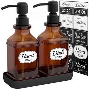 Soap Dispenser - 2 Pack, Antique Design Thick Amber Glass Hand Soap Dispensers with Sturdy Tray; 304 Rust Proof Stainless Steel Black Pump, 12Pcs Stickers, for Kitchen, Bathroom- Black