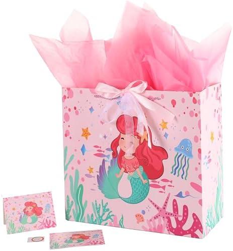 jabberwpacking Medium Gift Bag with Tissue Paper Ribbon and Greeting Card Pink Mermaid Gift Bag for Girls Birthday Baby Shower- 9.8" x 8.6" x 4.7"
