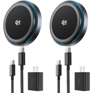 THREEKEY for MagSafe Charger, 2 Pack Qi2 25W Fast Charging Pad with Cooling Fan, Magnetic Wireless Charger with 6.6ft Cable for iPhone 17/16/15 Series (2 Adapters Included)