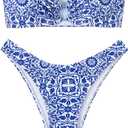 SHENHE Women's Floral Bandeau Bikini Set O Ring High Cut Strapless 2 Piece Swimsuit (Medium, Blue and White)