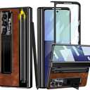 YQODSZ for Samsung Galaxy Z Fold 7 Case with S Pen Holder & Stylus Pen, Full Coverage Retro Leather Phone Case with Kickstand HD Screen Protector Anti-Scratch Protective Cover for Z Fold 7 Brown